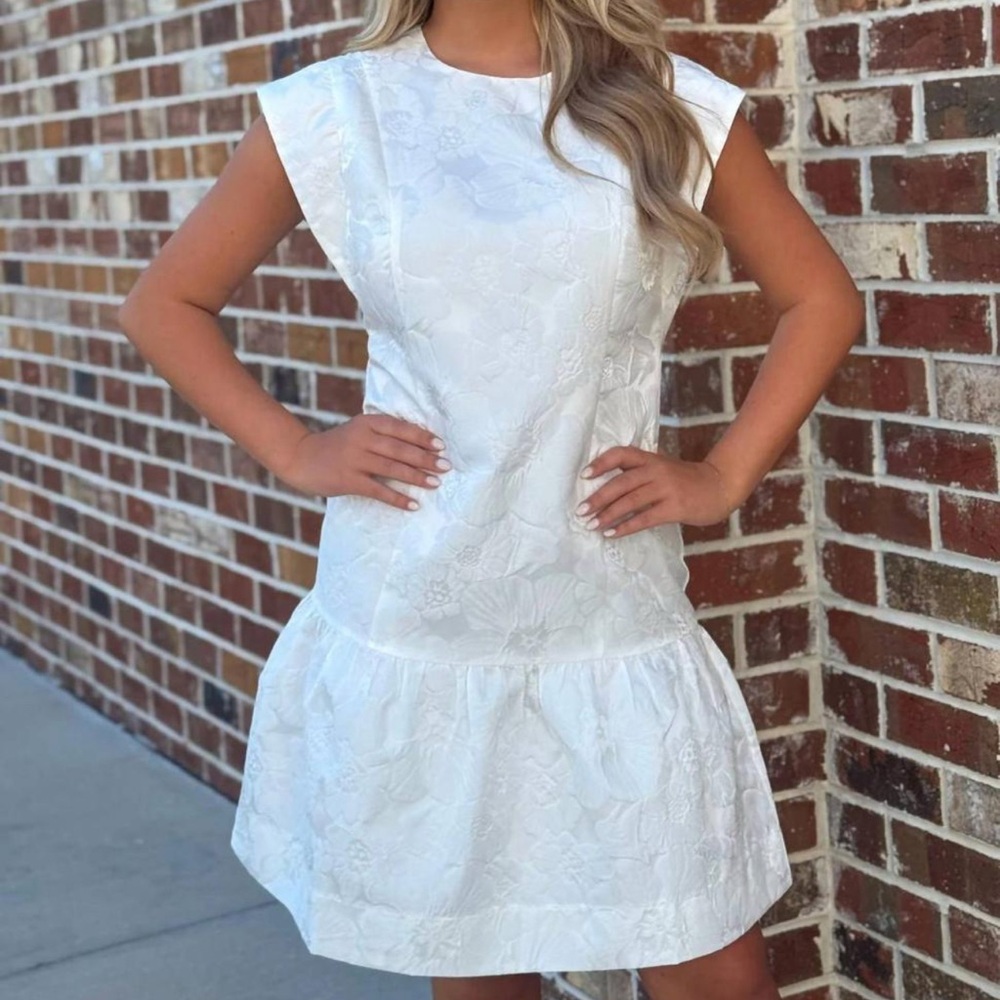 Jade Karen Fit Flutter Elegant White jacquard Floral Dress NWT $229